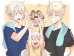  1girl 2boys ahoge blonde_hair casual child closed_eyes closed_mouth coffee_milk fate/grand_order fate/prototype fate/stay_night fate_(series) genderswap genderswap_(ftm) hand_on_hip jeanne_alter jeanne_alter_(santa_lily)_(fate) long_hair multiple_boys open_mouth pentarou_(2233456) ruler_(fate/apocrypha) saber saber_(fate/prototype) saber_alter shirt short_hair silver_hair simple_background smile strawberry_milk t-shirt toast_(gesture) towel towel_around_neck upper_body yellow_background yellow_eyes 