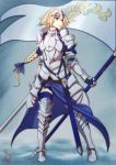 1girl armor armored_dress blonde_hair blue_eyes braid capelet chains fate/apocrypha fate/grand_order fate_(series) faulds flag full_armor full_body gauntlets headpiece helmet long_hair ruler_(fate/apocrypha) single_braid solo thealagator 
