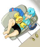  2boys arms_(game) barefoot blue_hair blue_shirt casual closed_eyes cobushii_(arms) controller couch frisbee_(frisbee_aop) from_above full_body game_controller joy-con long_arms male_focus multiple_boys open_mouth pompadour robot shirt shorts sleeping spring_man_(arms) t-shirt 