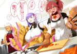  &gt;:3 1boy 2girls :3 animal_ears apron archer bangs bell blunt_bangs blush breasts carrot cleavage closed_eyes collar commentary cooking cutting_board eyebrows_visible_through_hair fangs fate/grand_order fate_(series) fox_ears fox_tail frilled_apron frills hair_ribbon hair_slicked_back highres huge_breasts indoors kitchen kitchen_knife knife large_breasts long_hair maid_headdress menea multiple_girls muscle onion open_mouth passion_lip paws pink_hair pot purple_hair ribbon saliva short_hair sidelocks smile standing tail tamamo_(fate)_(all) tamamo_cat_(fate) translation_request white_hair white_pupils yellow_eyes 