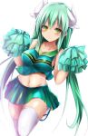  1girl aqua_hair bare_shoulders blush breasts cheerleader fate/grand_order fate_(series) horns kiyohime_(fate/grand_order) long_hair looking_at_viewer low_twintails medium_breasts midriff navel pom_poms sandals sen_(astronomy) simple_background skirt smile solo thigh-highs twintails white_background white_legwear yellow_eyes 