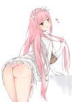  1girl ass bangs bent_over blush brown_eyes coat eyebrows_visible_through_hair fate/grand_order fate_(series) gloves hairband heart holding holding_hair long_hair looking_at_viewer looking_back medb_(fate/grand_order) mirai_(mirai76_) panties pink_hair pink_panties simple_background smile solo tongue tongue_out underwear very_long_hair white_background white_gloves 