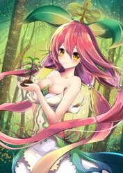  1girl amagami_(makise_tsubaki) bare_shoulders blush breasts cleavage closed_mouth collarbone dress forest granblue_fantasy hair_ornament highres leaf leaf_on_head long_hair looking_at_viewer medium_breasts nature navel navel_cutout pink_hair plant plant_girl quad_tails sapling smile solo standing thorns very_long_hair vines yellow_eyes yggdrasill_(granblue_fantasy) 