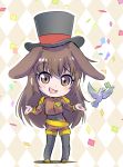  1girl animal_ears bird brown_eyes brown_hair chibi clover dove four-leaf_clover hat iesupa jojo_no_kimyou_na_bouken rabbit_ears rwby rwby_chibi smug top_hat velvet_scarlatina 