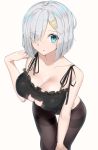  1girl black_bra black_legwear blue_eyes bra breasts cat_cutout cleavage crotch_seam eyebrows_visible_through_hair eyes_visible_through_hair hair_ornament hair_over_one_eye hairclip hamakaze_(kantai_collection) highres kantai_collection large_breasts leaning_forward looking_at_viewer meme_attire pantyhose parted_lips short_hair silver_hair simple_background solo suzuharu_(suzuharu0612) thighband_pantyhose underwear underwear_only 
