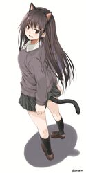  1girl absurdres amu_(258shin) animal_ears black_hair black_legwear black_skirt blush brown_eyes brown_shoes brown_sweater cat_ears cat_tail commentary_request dress_shirt fake_animal_ears from_above from_behind full_body hair_ornament hairclip highres kneepits long_hair looking_at_viewer looking_back open_mouth original pigeon-toed pleated_skirt school_uniform shadow shirt shoes simple_background skirt skirt_tug solo standing sweatdrop tail twitter_username white_background white_skirt 