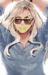  1boy arms_up brown_hair dvqjo green_lipstick gyro_zeppeli jojo_no_kimyou_na_bouken lipstick long_hair makeup male_focus parted_lips smile solo steel_ball_run sunglasses 