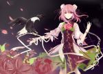  1girl absurdres animal bandage bird chains cuffs da_malu eagle eyebrows_visible_through_hair flower hair_bun highres ibaraki_kasen looking_at_viewer pink_hair red_eyes red_ribbon ribbon shackles slit_pupils smile solo standing touhou 