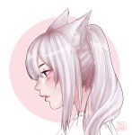  1girl animal_ears artist_name cat_ears commentary earrings facial_mark final_fantasy final_fantasy_xiv from_side jewelry lips long_hair milkgrrl miqo&#039;te nose parted_lips portrait profile simple_background solo white_background white_hair 