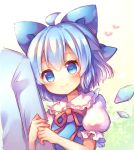  1girl ahoge arm_hug blue_bow blue_eyes blue_hair blush bow cirno commentary_request hair_bow half_updo heart heart-shaped_pupils large_bow looking_at_viewer pjrmhm_coa puffy_short_sleeves puffy_sleeves short_hair short_sleeves smile solo_focus symbol-shaped_pupils touhou upper_body wings 