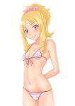  1girl arms_behind_back bikini blonde_hair bow drill_hair eromanga_sensei hair_bow long_hair looking_at_viewer muffin_(sirumeria) navel pointy_ears ponytail red_eyes simple_background small_breasts smile solo standing striped striped_bikini swimsuit twin_drills yamada_elf 