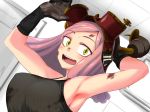  1girl :d armpits bare_shoulders blush boku_no_hero_academia breasts dirty dirty_face gloves goggles goggles_on_head hatsume_mei indoors large_breasts looking_back medium_hair open_mouth pink_hair smile solo sweat tamezou tank_top upper_body yellow_eyes 