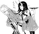  1girl alternate_hair_length alternate_hairstyle breasts commentary cowboy_shot cup dashi_(minzoku_gb) fate/grand_order fate_(series) heart holding holding_cup horns japanese_clothes kimono long_hair monochrome oni oni_horns open_mouth sakazuki short_eyebrows shuten_douji_(fate/grand_order) small_breasts smile solo sword thick_eyebrows weapon white_background 
