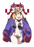  1girl ahoge arms_up blonde_hair braid breasts commentary cosplay cowboy_shot fake_horns fate/extra fate/grand_order fate_(series) green_eyes hair_bun japanese_clothes kimono large_breasts looking_at_viewer navel open_mouth saber_extra short_hair shuten_douji_(fate/grand_order) shuten_douji_(fate/grand_order)_(cosplay) solo white_background yuuzii 