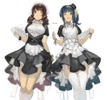 2girls apron bare_legs blue_hair blush bow breasts brown_eyes brown_hair choker dated frilled_apron frilled_choker frilled_skirt frills hair_bow hair_ribbon hat holding holding_skirt holding_tray looking_at_viewer low_twintails maid maid_headdress medium_breasts mini_hat multiple_girls one_eye_closed open_mouth original parted_lips puffy_short_sleeves puffy_sleeves rayvon ribbon short_sleeves side_ponytail sidelocks skirt smile thigh-highs tray twintails white_background white_legwear wrist_cuffs wrist_ribbon 