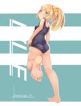  1girl adjusting_clothes adjusting_swimsuit ass bangs barefoot blonde_hair blunt_bangs blush braid breasts character_name feet french_braid from_behind green_eyes high_ponytail highres leg_up lillie_(pokemon) long_hair one-piece_swimsuit pokemon pokemon_(game) pokemon_sm school_swimsuit small_breasts soles solo standing standing_on_one_leg swimsuit toes yuno_(mioalice) 