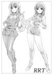  2girls belt boots dress earrings full_body greyscale hand_on_hip highres jewelry knee_boots long_hair looking_at_viewer miniskirt monochrome moriguchi_nao_(naonao) multiple_girls original pantyhose short_dress short_hair simple_background skirt sleeves_rolled_up smile standing white_background 