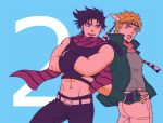  2boys abs battle_tendency blonde_hair caesar_anthonio_zeppeli crop_top crossed_arms facial_mark fingerless_gloves gloves groin hands_on_hips headband jacket jojo_no_kimyou_na_bouken joseph_joestar_(young) male_focus midriff multiple_boys muscle navel open_mouth purple_hair scarf sleeveless smile striped striped_scarf tsumita winged_hair_ornament 