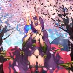  1girl breasts cherry_blossoms depth_charge fate/grand_order fate_(series) fingernails gourd grin hair_ornament hand_to_own_mouth highres horns japanese_clothes kimono long_fingernails looking_at_viewer medium_breasts nail_polish navel off_shoulder oni_horns open_clothes open_kimono outdoors petals pink_eyes purple_hair revealing_clothes rico_(game00985) short_hair short_kimono shuten_douji_(fate/grand_order) smile solo thigh-highs 