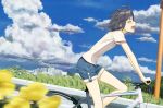  1girl bicycle black_hair closed_eyes denim denim_shorts eyebrows_visible_through_hair ground_vehicle idolmaster kikuchi_makoto looking_away open_mouth riding_bike short_hair short_sleeves shorts solo sweat sweatdrop teeth turu 