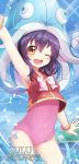 1girl ;d arm_up armpits blush bow bowtie breasts character_name covered_navel day hat league_of_legends looking_at_viewer lulu_(league_of_legends) ocean one-piece_swimsuit one_eye_closed open_mouth pink_swimsuit pool_party_lulu purple_hair shirt sideboob sky sleeveless sleeveless_shirt smile solo sora_(dkssud6580) swimsuit tentacle water waving white_bow yellow_eyes yordle 