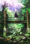  1girl ai_(re:lief) black_dress black_legwear bow bridge dress floating_hair full_body hair_bow highres long_hair outdoors petals re:lief_~shin&#039;ai_naru_anata_e~ scenery signature silver_hair socks solo standing technoheart tree very_long_hair 