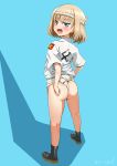  1girl alternate_costume ass blonde_hair blue_eyes commentary_request emblem fang fundoshi girls_und_panzer highres japanese_clothes katyusha looking_at_viewer looking_back open_mouth pravda_(emblem) sekai_saisoku_no_panda short_hair simple_background 