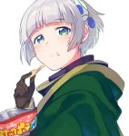  1girl bangs blue_eyes blunt_bangs bob_cut brown_gloves chips cloak crumbs eating food fuji_fujino gloves green_clothes hair_ornament hood hooded_cloak looking_back meteora_osterreich potato_chips re:creators short_hair silver_hair solo upper_body white_background 