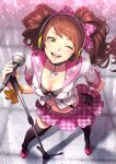  1girl black_bra bow bra breasts brown_hair choker cleavage from_above full_body gloves hair_bow headphones kujikawa_rise long_hair looking_at_viewer medium_breasts microphone microphone_stand midriff nekorin_(nekoforest) one_eye_closed open_mouth persona persona_4 persona_4:_dancing_all_night perspective single_glove skirt smile solo standing suspenders thigh-highs twintails underwear yellow_eyes 