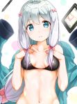  1girl aqua_eyes arms_at_sides bangs bikini black_bikini blush bow breasts closed_mouth collarbone eromanga_sensei gradient_hair hair_bow hands_on_own_chest hands_up highres izumi_sagiri jacket long_hair looking_at_viewer low-tied_long_hair medium_breasts multicolored_hair na53 navel pink_bow purple_hair silver_hair solo stylus swimsuit tablet tareme upper_body 