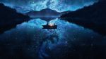  1boy 1girl blue boat dark from_behind lake lantern looking_at_another mountain natsu_(hottopeppa3390) nature night night_sky original outdoors reflection scenery sitting sky star_(sky) starry_sky wallpaper watercraft 