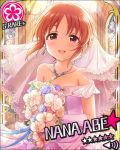 1girl abe_nana artist_request blush bouquet bridal_veil brown_eyes brown_hair card_(medium) character_name church dress earrings elbow_gloves flower flower_(symbol) gloves idolmaster idolmaster_cinderella_girls jewelry necklace official_art veil wedding_dress white_dress white_gloves 