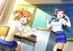  10s 2girls artist_request bangs black_legwear blush book bow breasts chalkboard checkered classroom desk glasses kousaka_honoka long_hair looking_at_viewer love_live! love_live!_school_idol_festival love_live!_school_idol_project low_twintails math multiple_girls official_art one_eye_closed one_side_up open_mouth orange_hair pleated_skirt purple_hair school_desk school_uniform scrunchie short_hair short_sleeves skirt smile studying tears thigh-highs toujou_nozomi twintails 