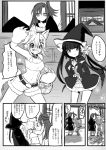  3girls akatsuki_kirika animal_ears belt breasts claws cleavage collar comic dress elbow_gloves fur_trim gloves greyscale hair_ornament halloween hand_on_another&#039;s_shoulder hat jack-o&#039;-lantern jack-o&#039;-lantern_hair_ornament kazanari_tsubasa kouji_(kari) long_hair midriff monochrome multiple_girls paws senki_zesshou_symphogear short_hair short_shorts shorts side_ponytail translation_request trick_or_treat tsukuyomi_shirabe witch_hat 