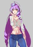  1girl blue_hair breasts cleavage denim don_(rg06268) drill_hair gluteal_fold grey_background highres jeans large_breasts long_hair looking_at_viewer macross macross_delta midriff mikumo_guynemer multicolored_hair navel open_mouth pants purple_hair red_eyes shirt simple_background solo standing sweat tied_shirt very_long_hair wet wet_clothes 
