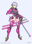  1girl armor armored_boots artist_name artstation_username assault_rifle bangs black_gloves black_legwear blunt_bangs boots breastplate breasts closed_mouth commentary eyebrows_visible_through_hair facebook_username finger_on_trigger full_body gatling_gun gloves gluteal_fold gun headphones highres holding holding_gun holding_weapon japanese_armor japanese_clothes katana knee_pads lavender_hair legs_apart looking_at_viewer medium_breasts minigun original ozma power_suit rifle scabbard sheath sheathed short_hair single_pauldron sode solo standing sword thigh-highs weapon yellow_eyes 