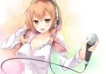  1girl bangs blush breasts brown_eyes brown_hair cleavage eyebrows_visible_through_hair hair_between_eyes hand_on_headphones headphones holding holding_microphone large_breasts long_hair looking_at_viewer massan microphone open_mouth original smile solo upper_body 