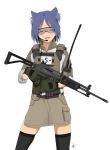 1girl absurdres animal_ears armor assault_rifle bangs blue_hair closed_eyes combat_shirt cowboy_shot dog_ears erika_kurosaka fang galil_ar_(upotte!!) gloves gun highres holding holding_gun holding_weapon imi_galil looking_at_viewer open_mouth plate_carrier radio rifle shooting_glasses short_hair skirt smile solo tactical_clothes tactical_skirt upotte!! weapon 