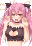  1girl :d animal_ears arms_at_sides bangs breasts cat_cutout cat_ears cat_lingerie cleavage collarbone eyebrows_visible_through_hair fang hair_between_eyes hair_ribbon hands_up large_breasts long_hair looking_at_viewer massan meme_attire open_mouth original paw_pose purple_hair ribbon sidelocks simple_background smile solo twintails upper_body white_background yellow_eyes yellow_ribbon 