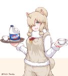  1girl alpaca_ears alpaca_suri_(kemono_friends) bleach_(chemical) blonde_hair blue_eyes blush bow brand_name_imitation breast_pocket clorox cup disco_brando eyebrows_visible_through_hair hair_over_one_eye highres holding holding_plate holding_tray kemono_friends looking_at_viewer open_mouth plate pocket red_bow short_hair smile solo teacup tray twitter_username 