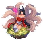  1girl absurdres ahri animal_ears arm_support bare_shoulders black_hair breasts cleavage collarbone detached_sleeves facial_mark fox_ears fox_tail heart highres korean_clothes large_breasts league_of_legends long_hair multiple_tails orange_eyes qbspdl simple_background sitting slit_pupils solo tail tassel thigh-highs very_long_hair white_background white_legwear wide_sleeves 