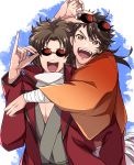  2boys adjusting_glasses bright_pupils brown_eyes brown_hair crossover gintama glasses hug hug_from_behind japanese_clothes kina_izu long_coat looking_at_viewer male_focus multiple_boys mutsu-no-kami_yoshiyuki sakamoto_tatsuma scarf short_hair simple_background smile sunglasses sunglasses_on_head touken_ranbu upper_body white_background white_scarf 