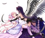  akemi_homura akuma_homura argyle argyle_legwear black_gloves breasts cleavage drogoth elbow_gloves feathers finger_to_another&#039;s_mouth gloves goddess_madoka high_heels highres kaname_madoka long_hair mahou_shoujo_madoka_magica mahou_shoujo_madoka_magica_movie medium_breasts pink_hair pink_legwear red_eyes sideboob thigh-highs thighs twintails violet_eyes white_background white_gloves wings yellow_eyes yuri 