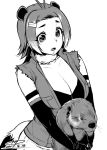  1girl american_beaver_(kemono_friends) animal animal_ears beaver breasts cleavage elbow_gloves gloves greyscale hair_ornament hairclip happa_(cloverppd) holding holding_animal kemono_friends large_breasts monochrome namesake short_hair torn_clothes torn_sleeves white_background 