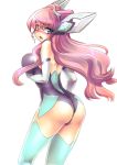  1girl ass bare_back bare_shoulders blue_eyes blue_legwear blush bodysuit elbow_gloves gloves headgear kouji_(kari) long_hair looking_back maria_cadenzavna_eve open_mouth pink_hair senki_zesshou_symphogear simple_background solo sweatdrop thigh-highs white_background 