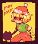  1girl arms_(game) bangs beanie bike_shorts blonde_hair chinese_clothes facepaint food green_eyes hat legwear_under_shorts looking_at_viewer mask min_min_(arms) noodles pixel_art short_hair shorts solo 