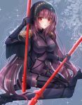 1girl bodysuit breasts dual_wielding fate/grand_order fate_(series) gae_bolg highres large_breasts long_hair looking_at_viewer pauldrons polearm purple_bodysuit purple_hair red_eyes scathach_(fate/grand_order) solo sparkle spear tanaji twitter_username veil weapon 