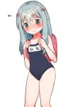  1girl ascii_media_works backpack bag bangs blush bow closed_mouth covered_navel cowboy_shot eromanga_sensei eyebrows_visible_through_hair flat_chest green_eyes grey_hair hair_between_eyes hair_bow hands_up ichihaya izumi_sagiri long_hair looking_down name_tag navel one-piece_swimsuit pink_bow randoseru school_swimsuit shiny shiny_hair silver_hair simple_background solo squiggle sweat sweatdrop swimsuit thighs wavy_mouth white_background 