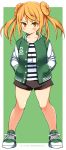  1girl absurdres alternate_costume black_shorts blonde_hair buttons dated double_bun green_jacket hands_in_pockets highres jacket kantai_collection long_hair long_sleeves michishio_(kantai_collection) richou_(zerozero1101) shoes shorts sneakers solo twitter_username white_border yellow_eyes 