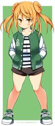  1girl absurdres alternate_costume black_shorts blonde_hair buttons dated double_bun green_jacket hands_in_pockets highres jacket kantai_collection long_hair long_sleeves michishio_(kantai_collection) richou_(zerozero1101) shoes shorts sneakers solo twitter_username white_border yellow_eyes 